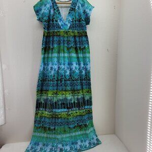 Currants Dress Womens M Blue Green Multicolor Empire Maxi 100% Cotton
